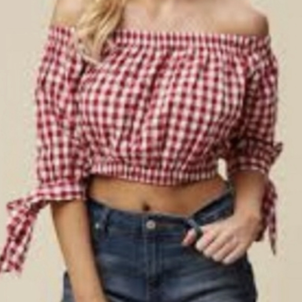 Altar'd State Red Gingham Crop Top Off Shoulder Ties Size medium